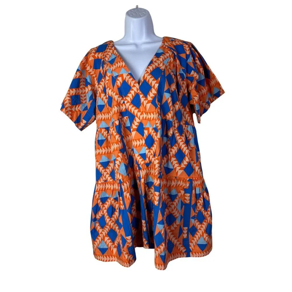 New Marea Womens Grecian Poplin Dress Short Sleeve Orange Blue Size Medium Boho - Picture 3 of 16